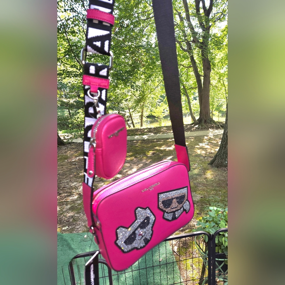 NWT Karl Lagerfeld Hot Pink Crossbody Bag with Embellished Karl & Cat Patches - Picture 3 of 7